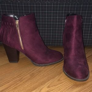 Burgundy suede fringe ankle boots